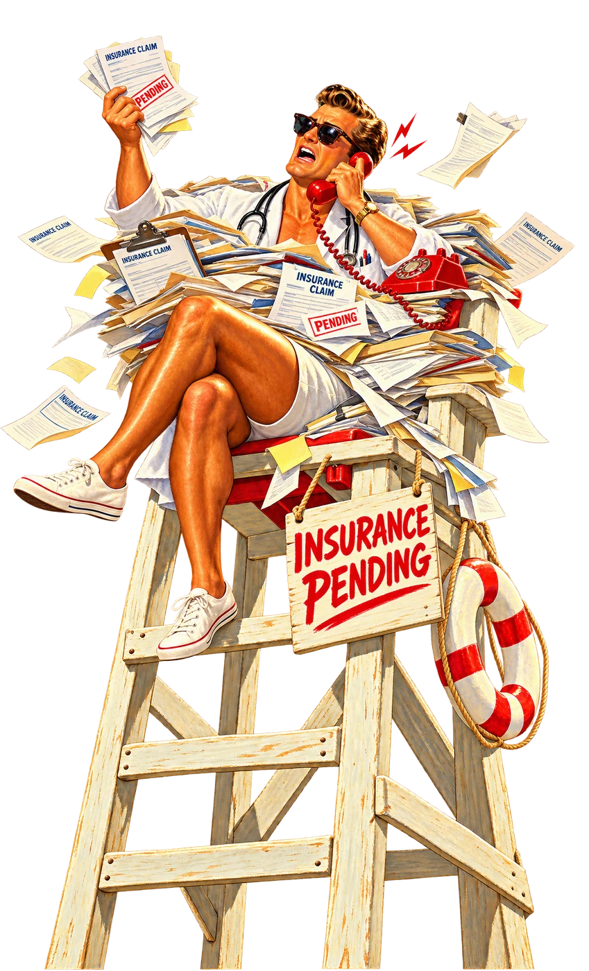 A 1940s doctor on a lifeguard tower going from buried in insurance paperwork to waving cash under a Cash Only sign as the page scrolls