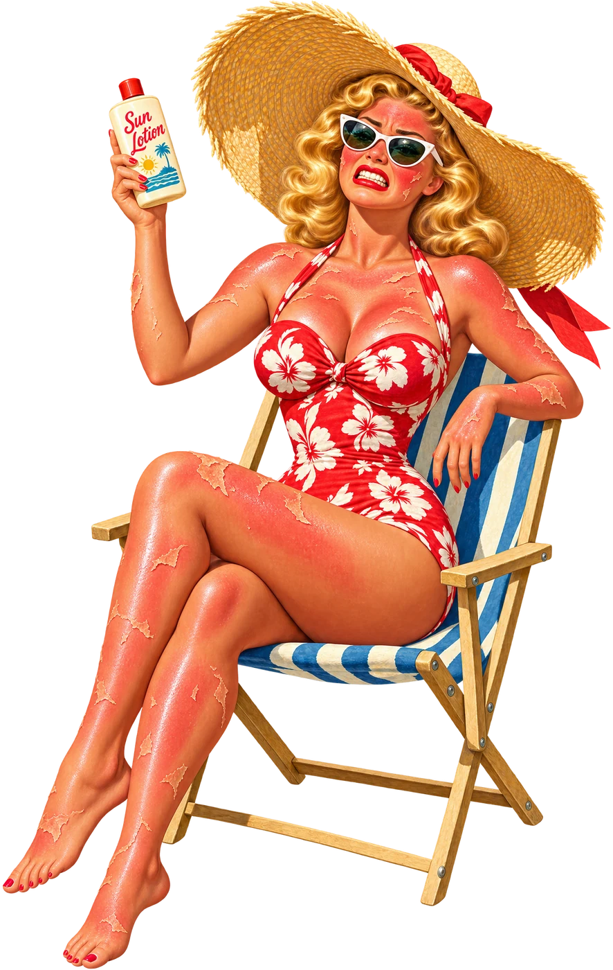 A 1940s pin-up in a straw hat going from a peeling sunburn to glowing skin with zinc on her nose as the page scrolls