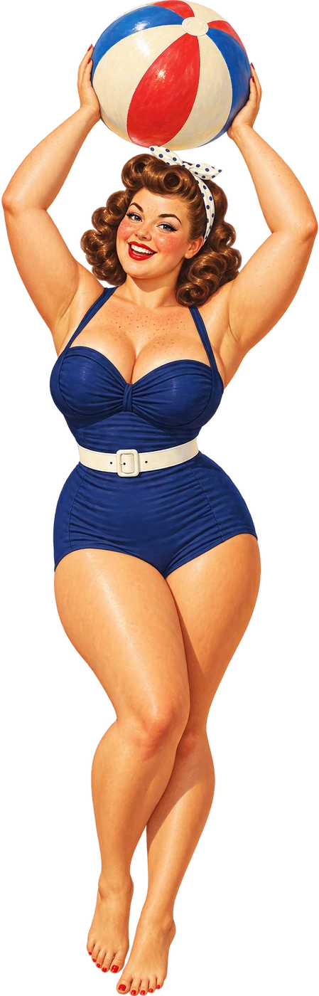 A 1940s pin-up girl holding a beach ball overhead, slimming from a navy one-piece to a red two-piece as the page scrolls