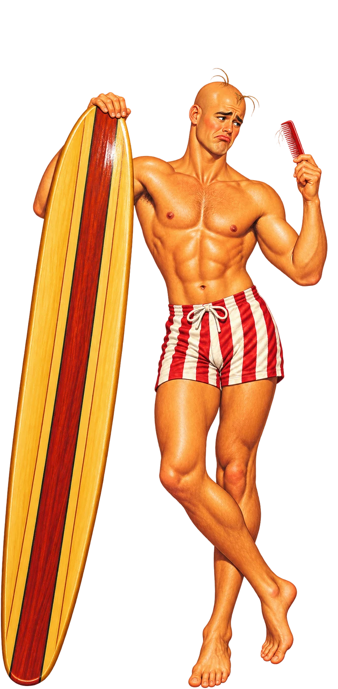 A 1940s surfer with a comb and a longboard, growing from bald to a towering pompadour as the page scrolls