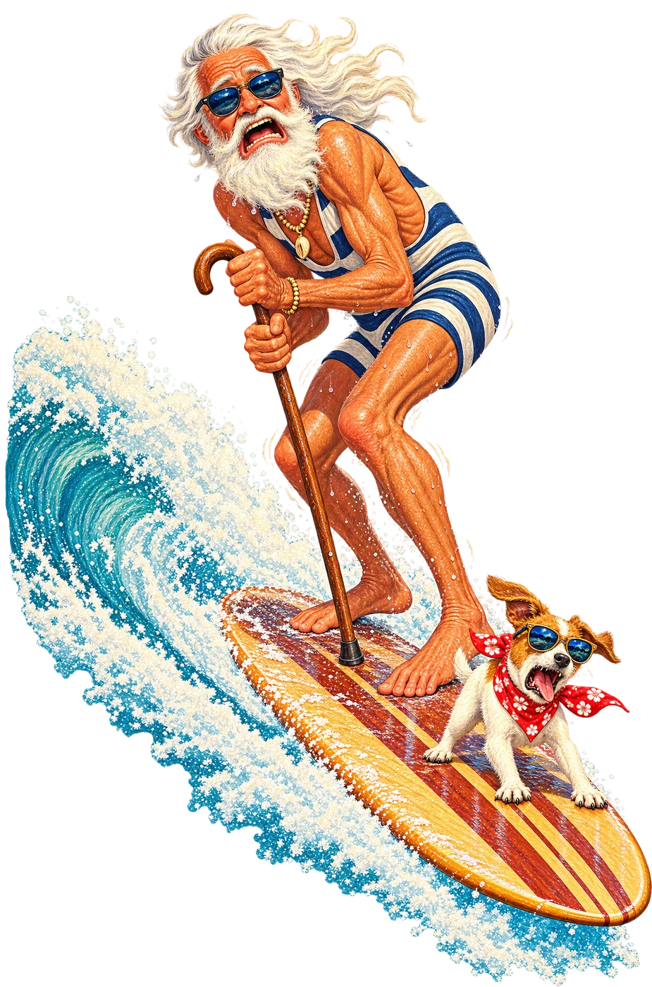 A white-bearded grandpa on a surfboard going from clinging to a walking cane to hanging ten with his dog as the page scrolls