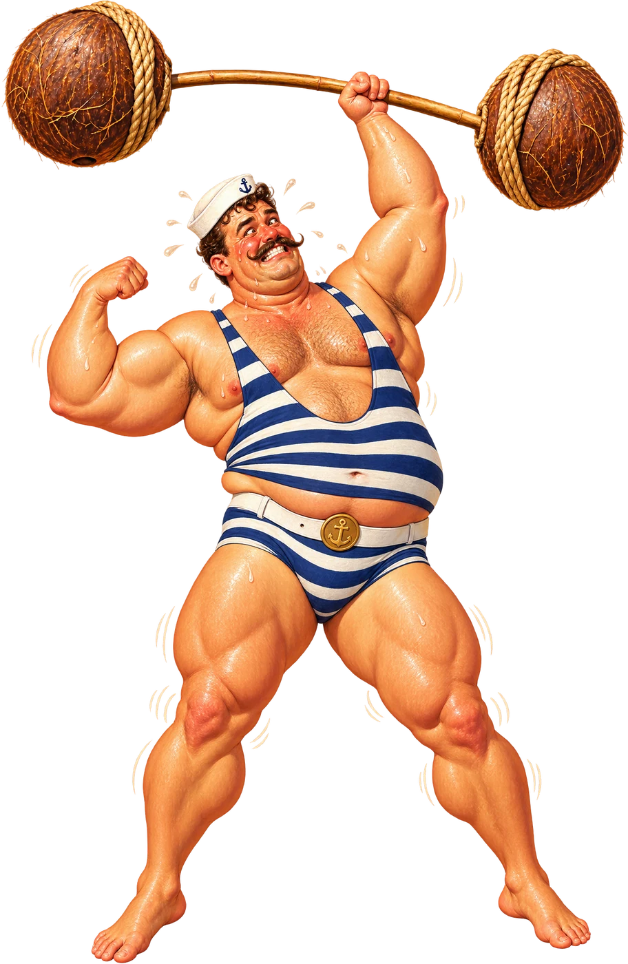 A 1940s strongman lifting a coconut barbell, going from portly and sweating to ripped as the page scrolls